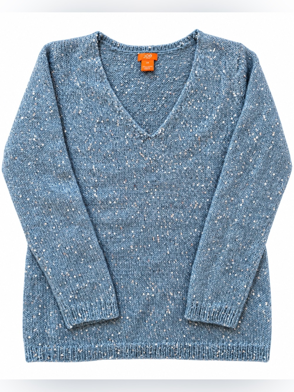 Joe Fresh Blue Sequin Mohair Wool Blend V Neck Sweater L
